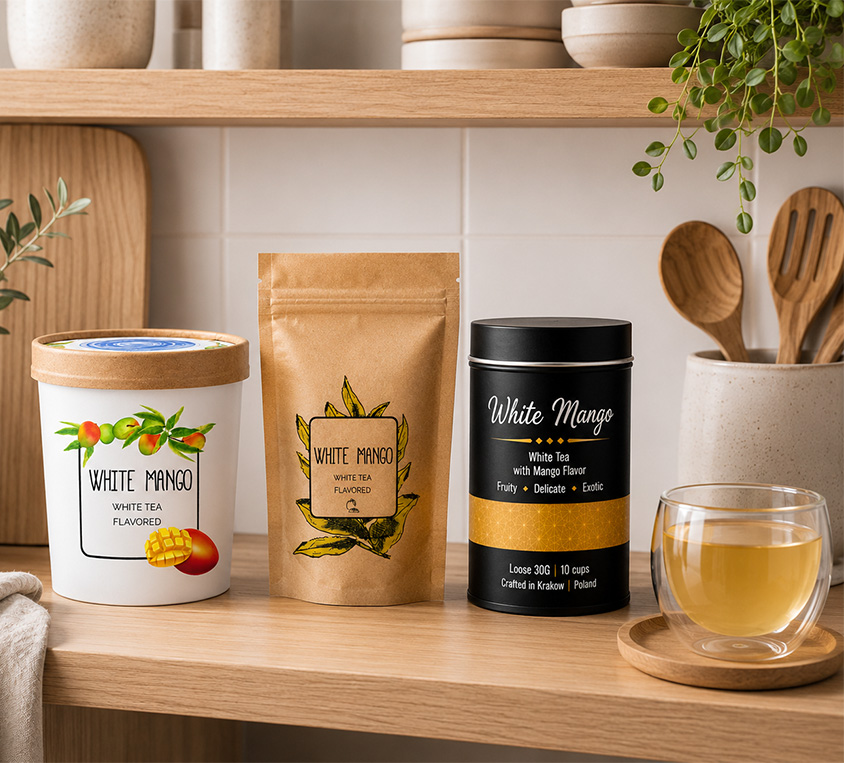 White Mango Leo Tea – elegancka puszka, doypack i kubek prezentowy
